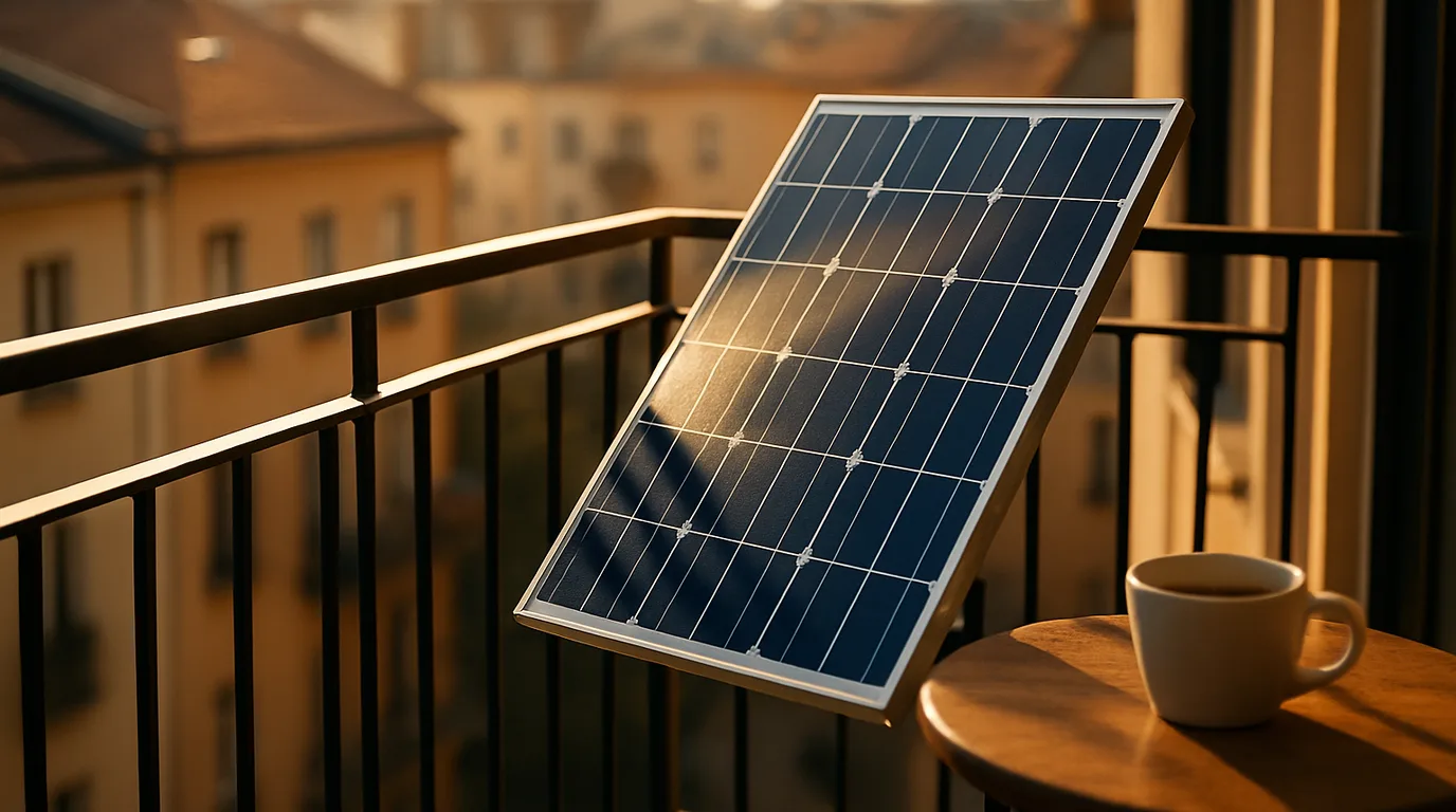 Einzelnes Solarmodul auf einem kleinen Balkon mit Wieland-Stecker und Mikrowechselrichter