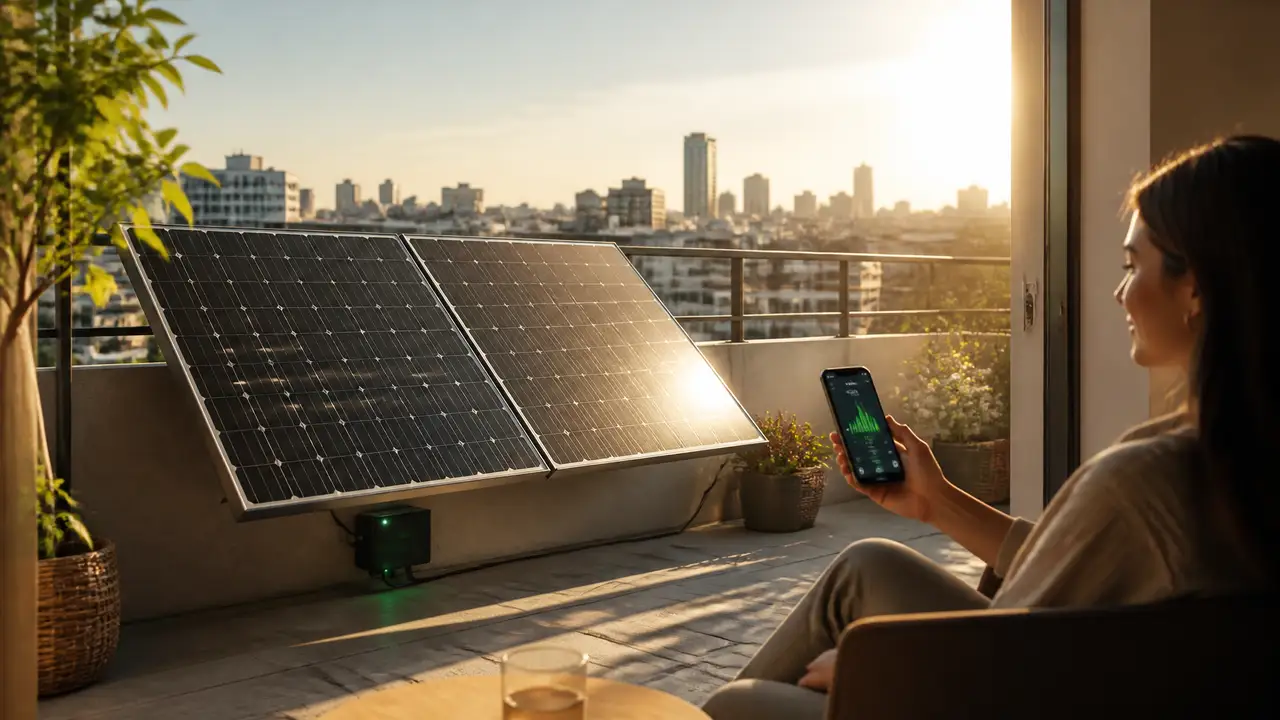 Zwei große Solarmodule auf einem Balkon mit Stadtpanorama, maximale Fläche für höchsten Solarertrag