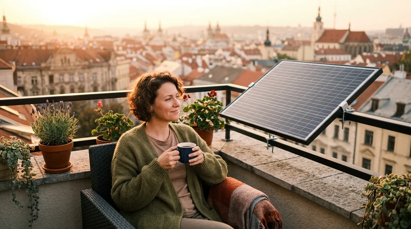Kleines 300-Watt-Solarmodul auf einem Balkongeländer mit Straßenblick