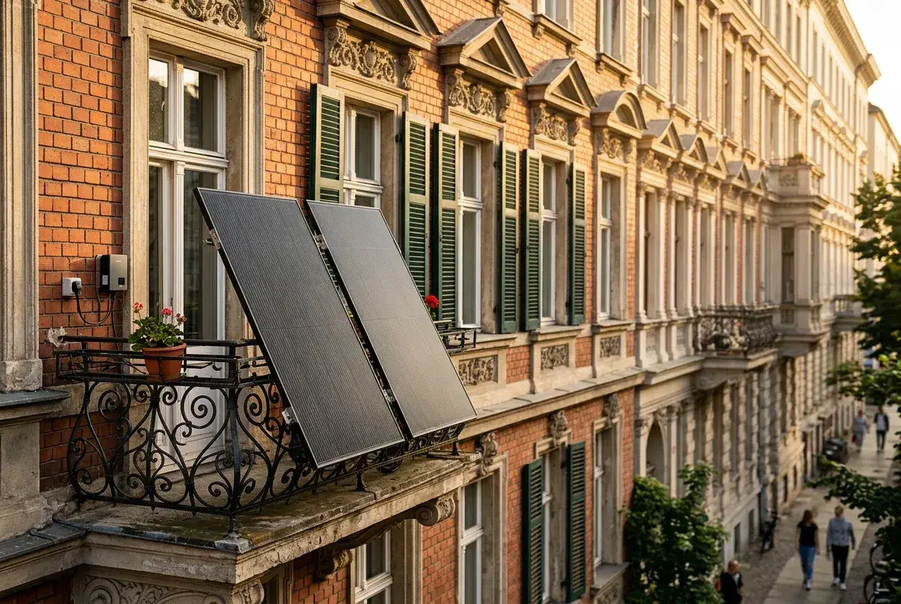 Kleines Balkonkraftwerk auf einem Gründerzeit-Altbau-Balkon mit Holzgeländer und Backsteinwand, warm beleuchtet