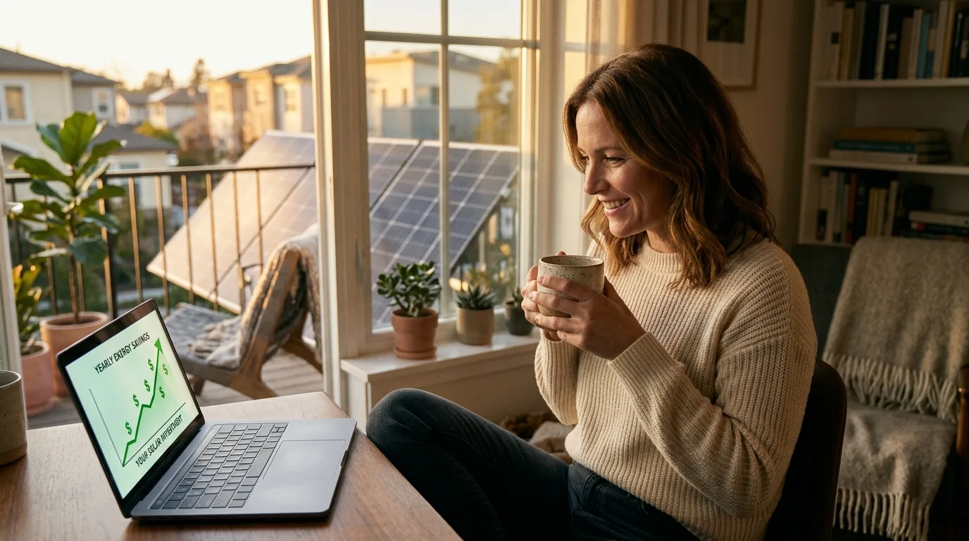 Taschenrechner und Strom-Abrechnung neben einem Solarmodul auf dem Balkon
