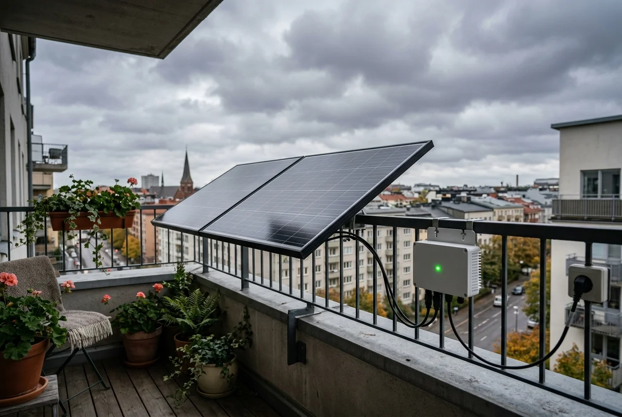 Balkonkraftwerk-Solarmodule auf einem Balkon unter bewölktem Himmel — Wechselrichter-LED zeigt aktive Stromproduktion trotz Bewölkung