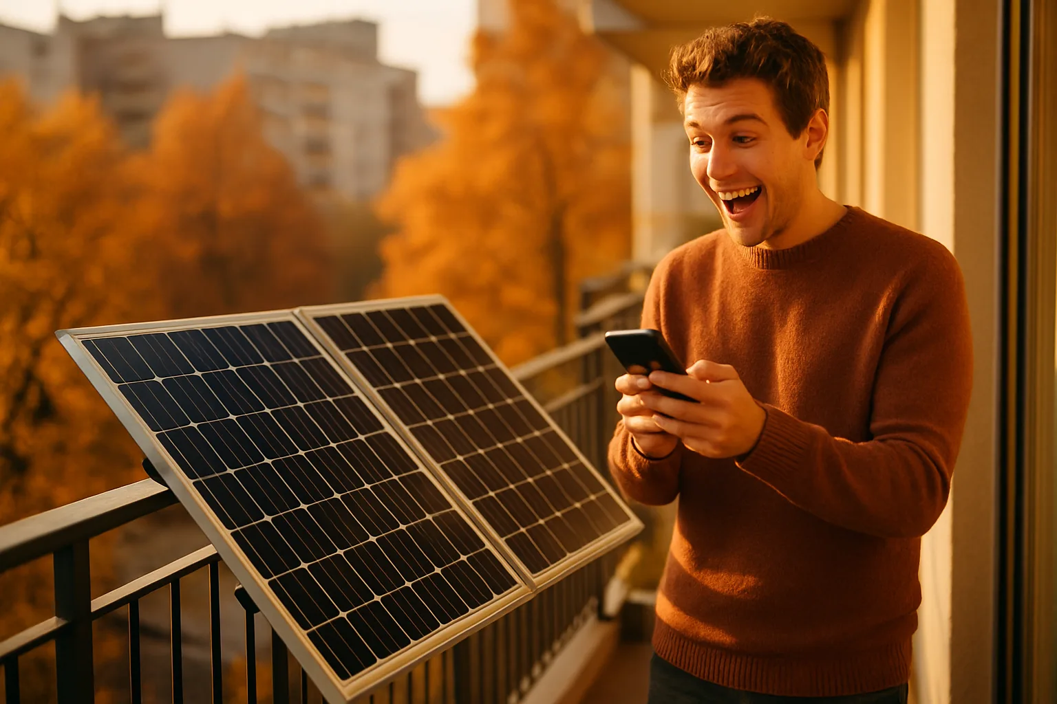 Zwei Solarmodule auf sonnigem Herbstbalkon — günstigster Kaufzeitpunkt für Balkonkraftwerke im Jahr