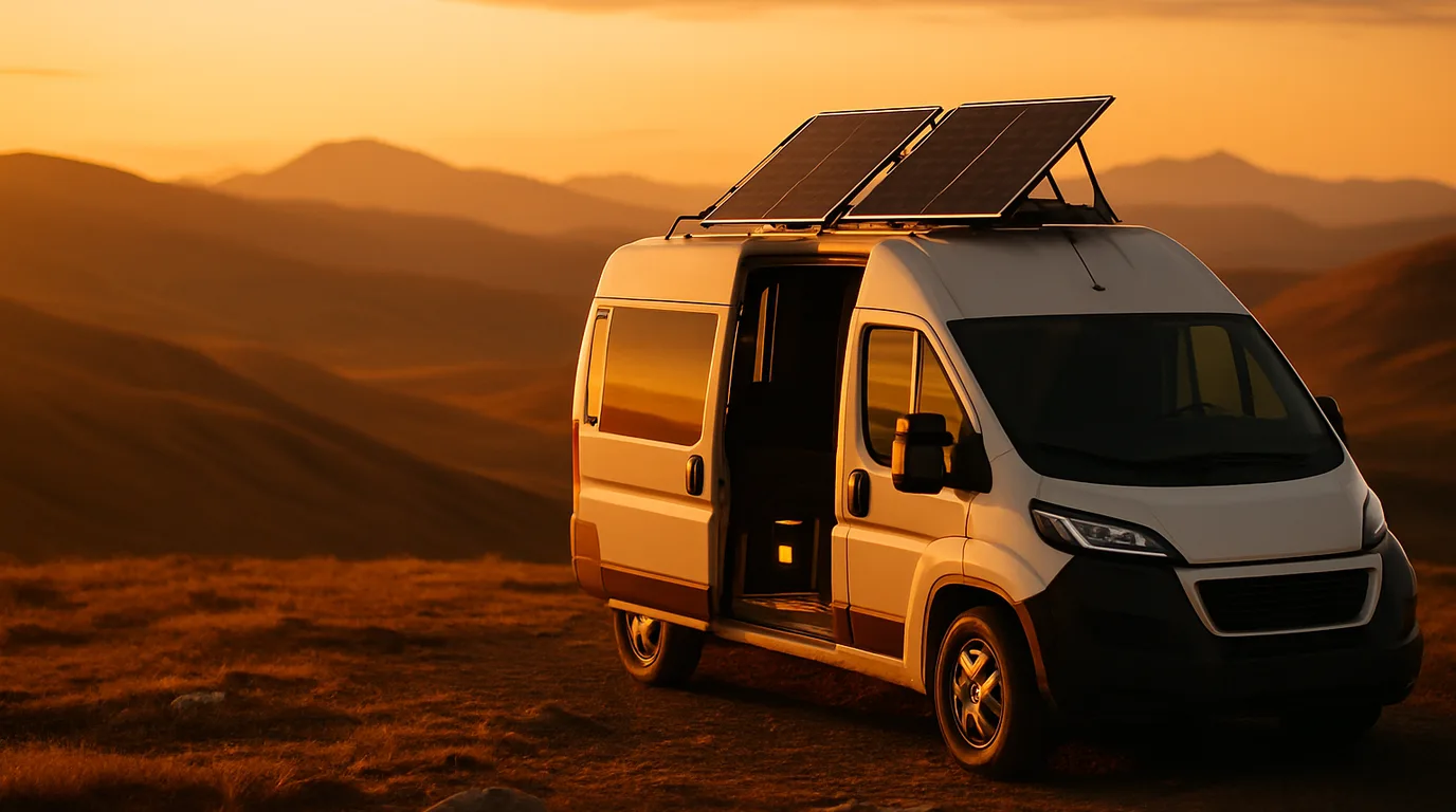 Faltbares Solarpanel auf dem Dach eines Campingbusses im Abendlicht auf einer Hochebene