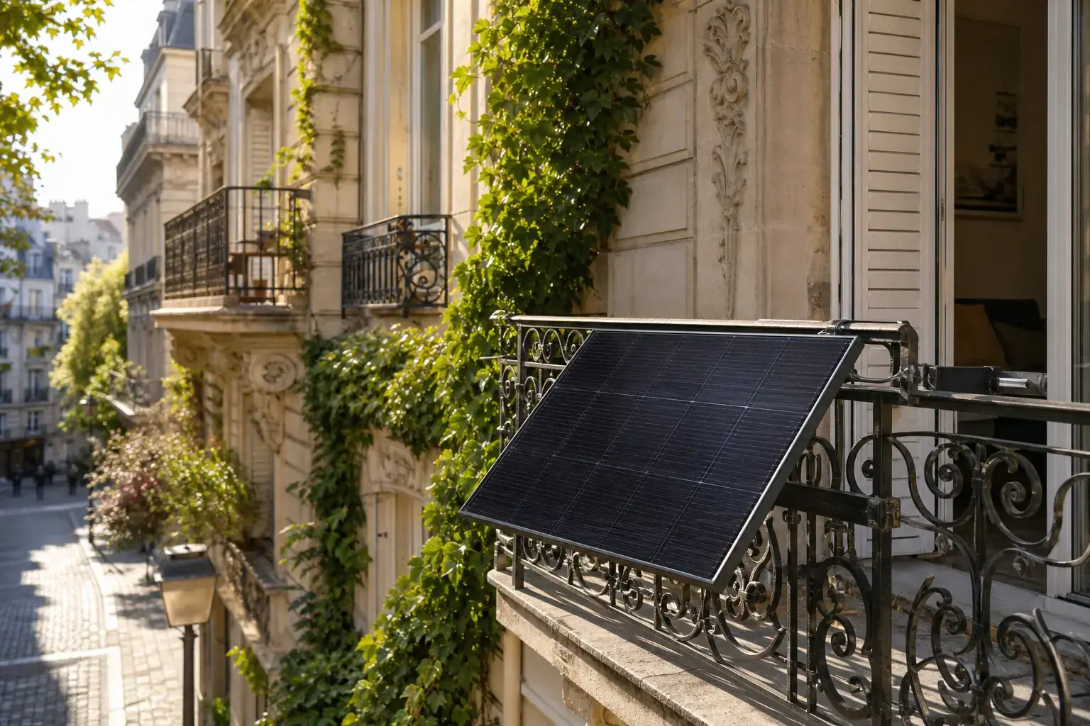 Schlankes schwarzes Solarmodul diskret am Balkongeländer eines historischen Altbaus mit Ornamentsteinen