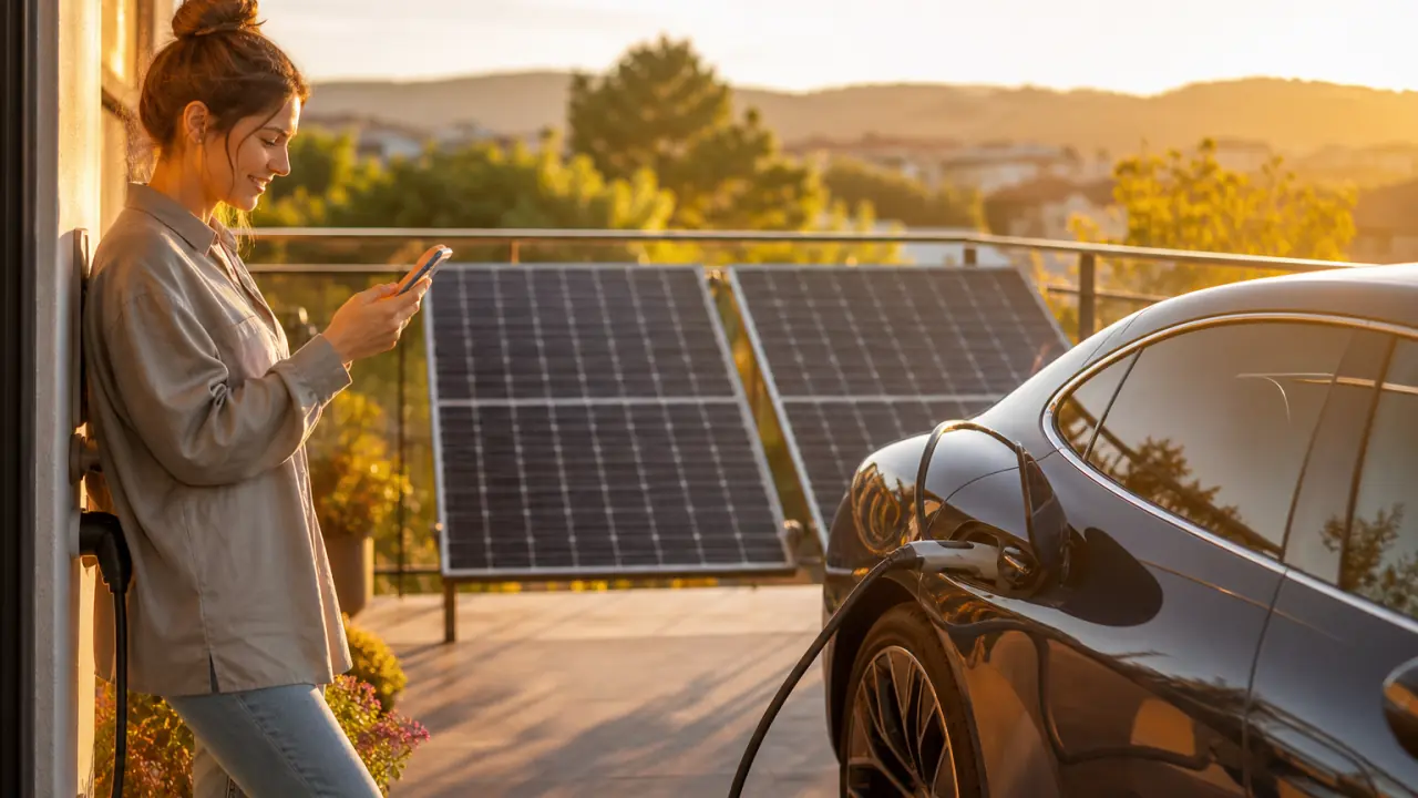 Elektroauto wird an einer Ladesäule geladen, im Hintergrund Balkonkraftwerk-Solarmodule in der Sonne