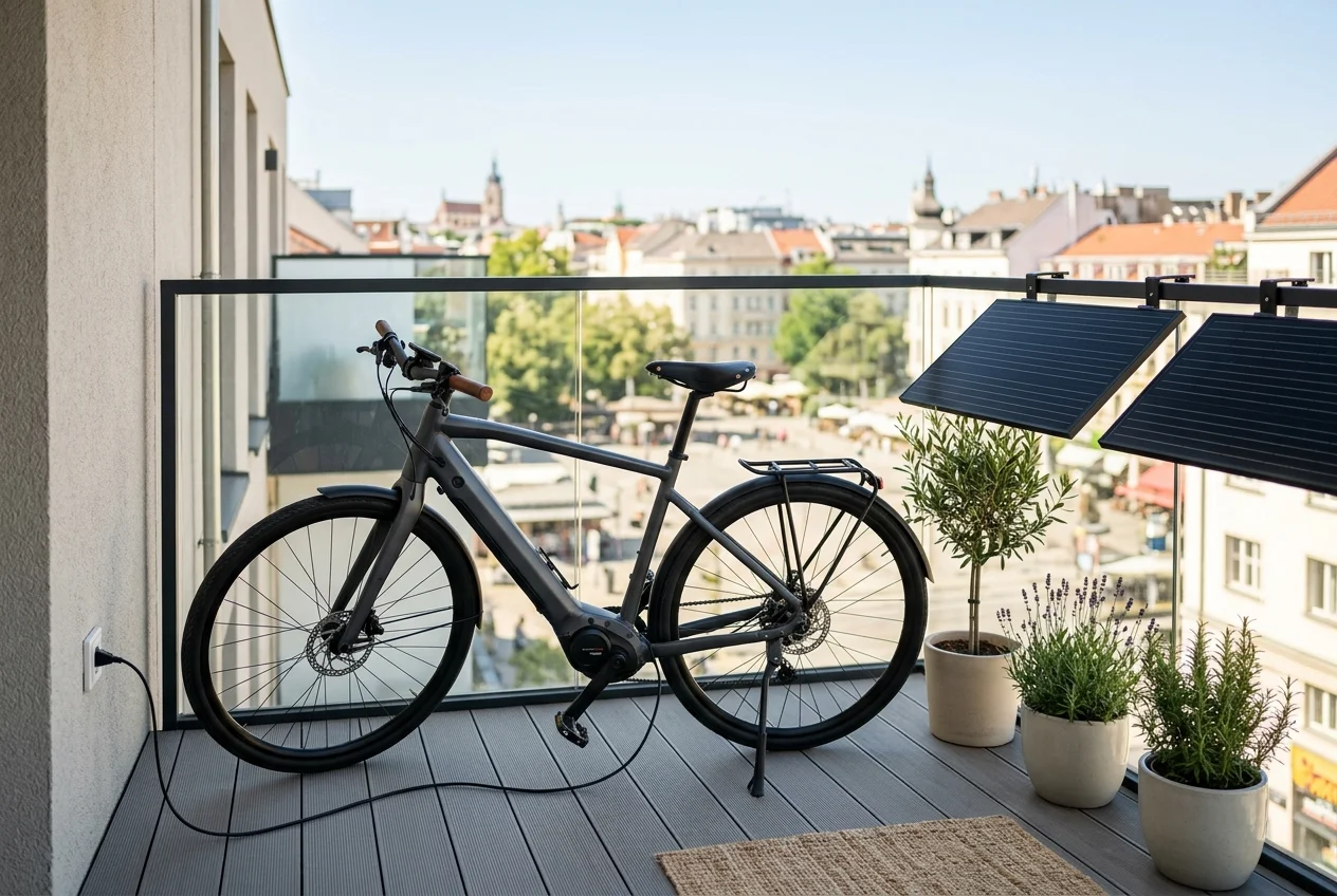 E-Bike steht auf einem Balkon neben Solarmodulen eines Balkonkraftwerks in der Sonne