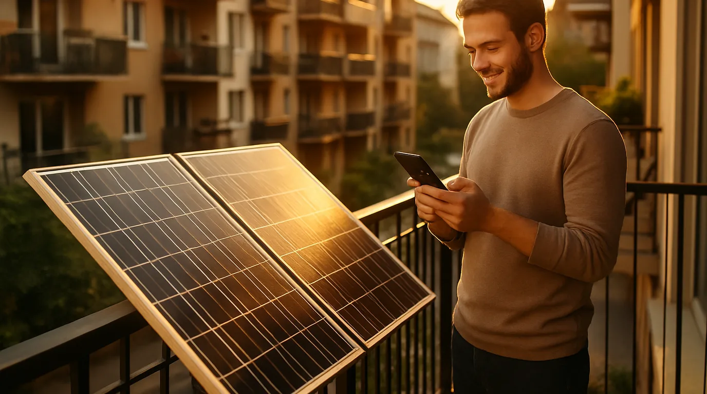 Zwei Solarmodule am Balkongeländer eines modernen Mehrfamilienhauses, sonniger Nachmittag, Eigenheimbesitzer beobachtet die Anlage zufrieden