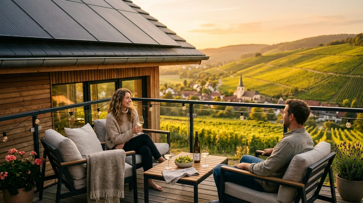 Balkonkraftwerk an einem Haus in Baden-Württemberg mit Weinbergen