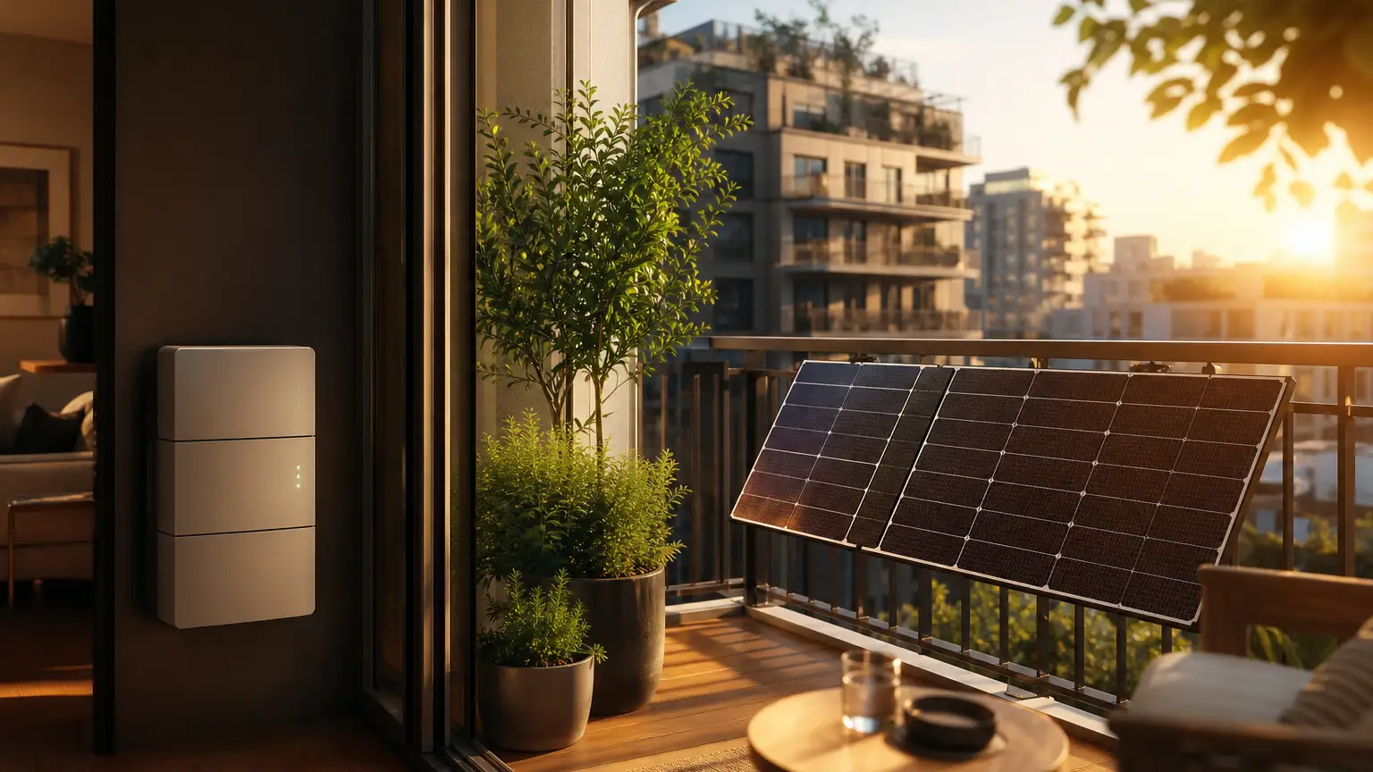 Balkonkraftwerk auf einem sonnigen deutschen Balkon mit Solarmodulen im Stadtquartier