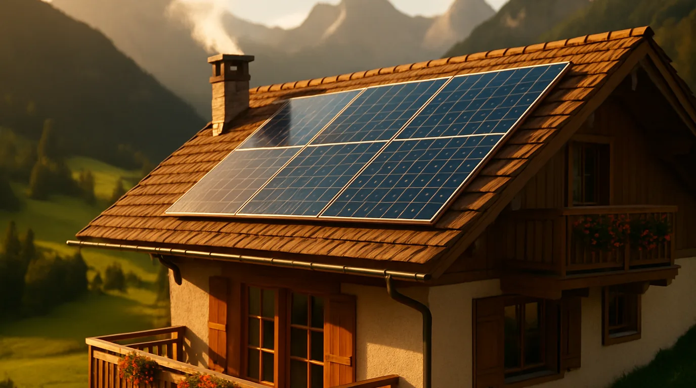 Solarmodule auf dem Dach eines Ferienhauses in alpiner Berglandschaft im Sonnenlicht
