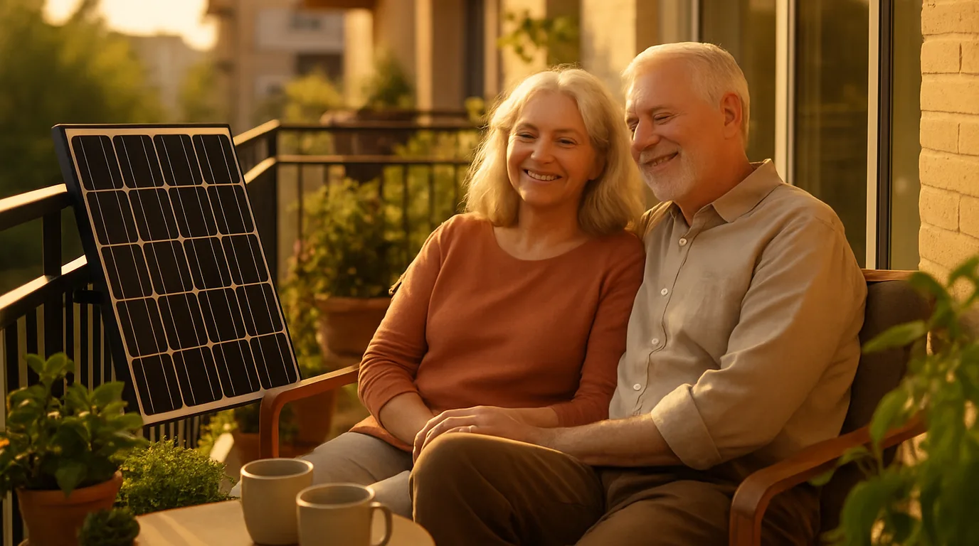 Rentner-Ehepaar sitzt entspannt auf dem sonnigen Balkon mit einem kleinen Solarmodul am Geländer und genießt den Nachmittag
