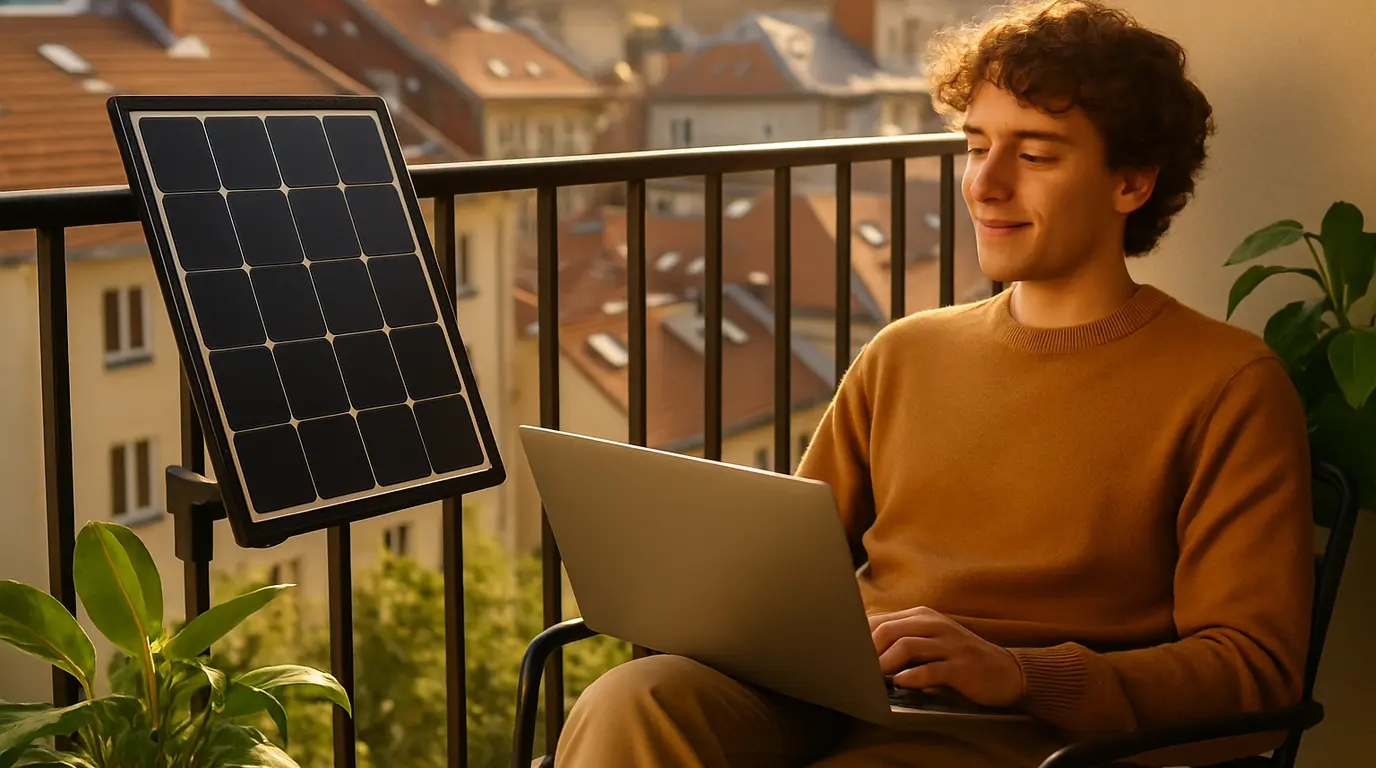 Solarmodul auf dem kleinen Balkon einer WG-Wohnung mit Stadtblick und Zimmeransicht