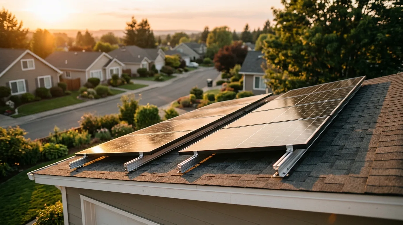 Solarmodul auf einem Garagendach mit Aluminiumaufständerung, nach Süden ausgerichtet