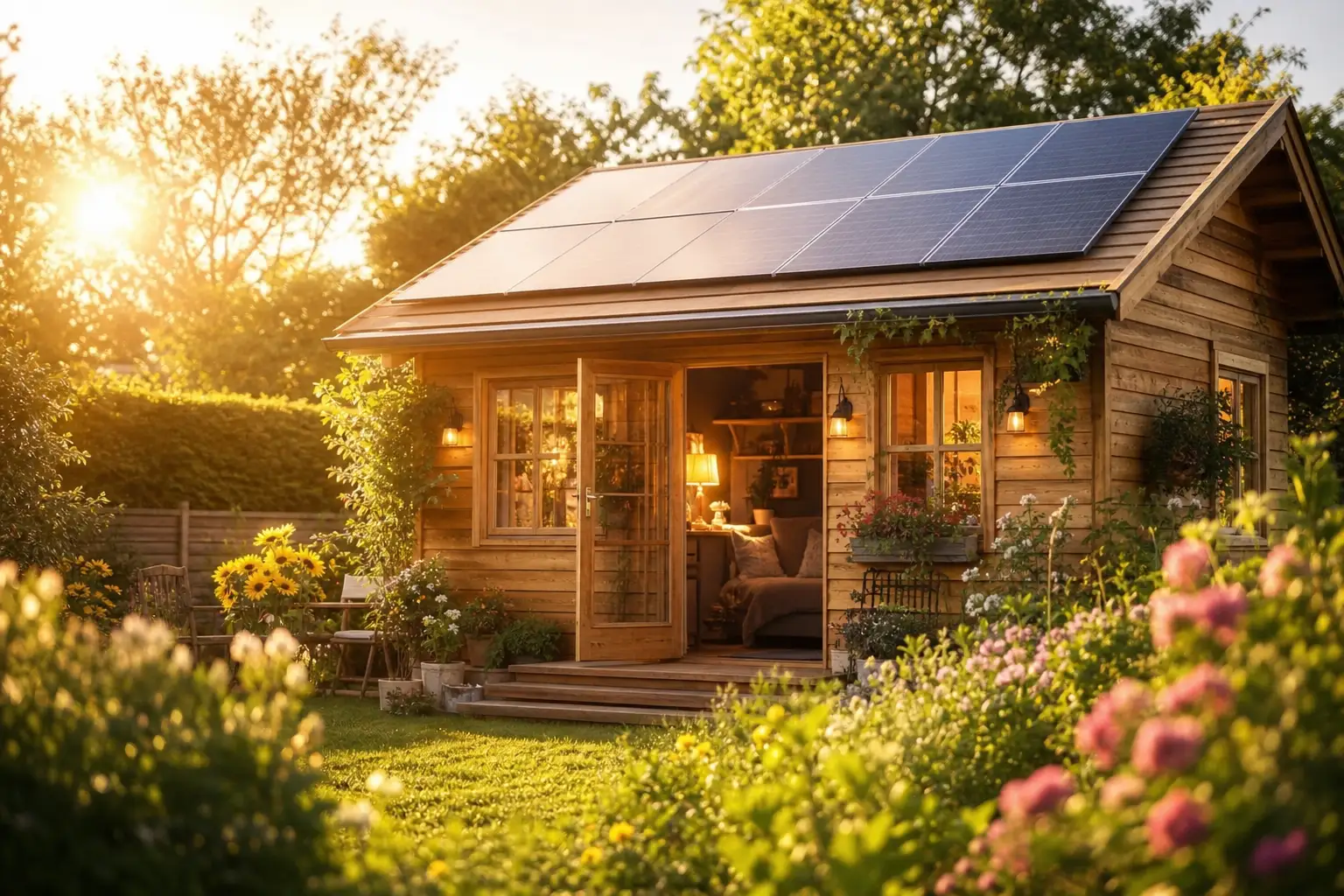 Solarmodule auf dem Dach eines Holzgartenhauses im Garten bei strahlendem Sonnenschein, grüner Rasen und Blumen im Vordergrund