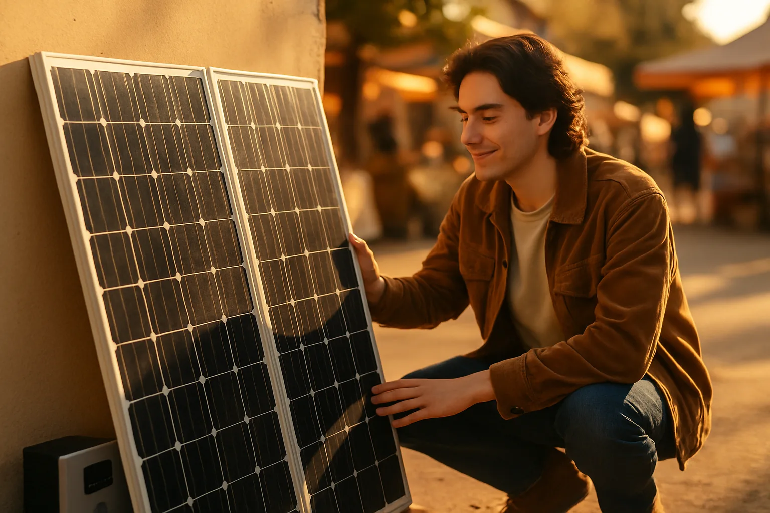 Gebrauchte Solarmodule und Mikrowechselrichter auf einem Flohmarkt — Balkonsolar günstig kaufen
