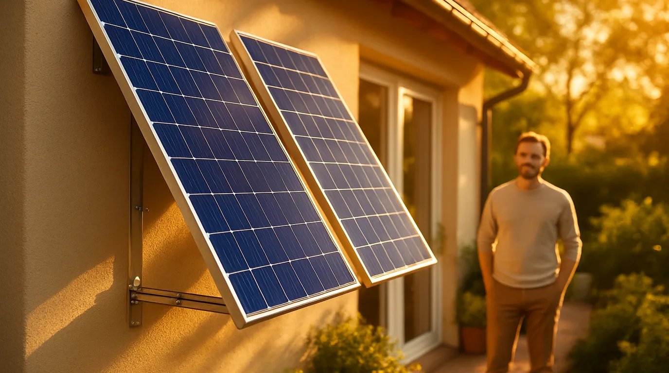 Solarmodule an der sonnigen Südseite eines Wohnhauses mit Wandhalterung ohne Balkon