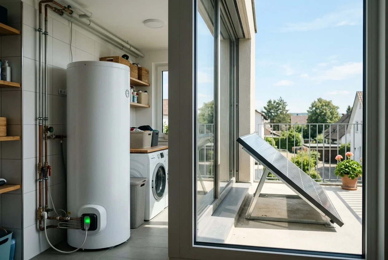 Solarmodul auf Balkon neben modernem Warmwasserspeicher mit Heizstab im hellen Hauswirtschaftsraum