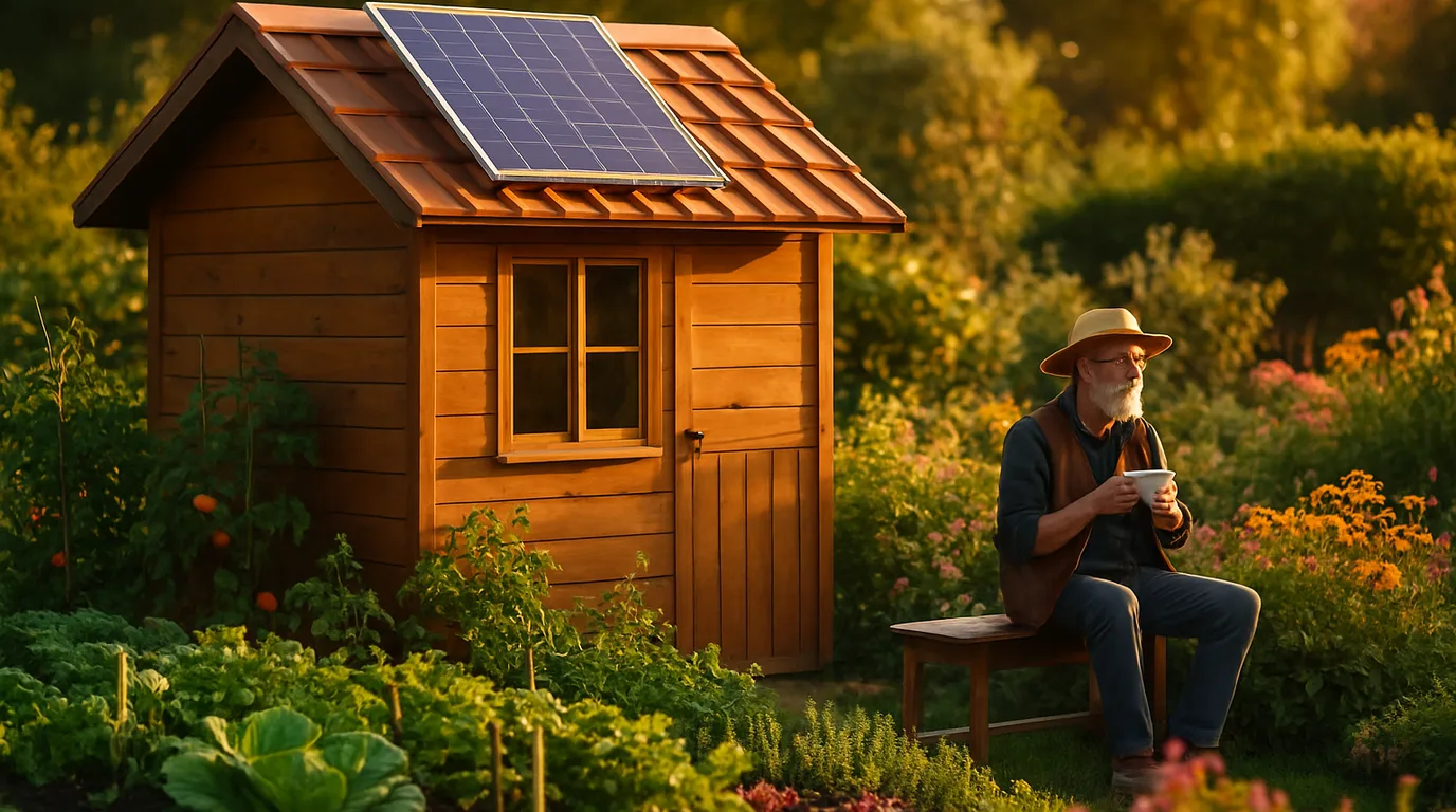 Solarmodul auf dem Dach einer hölzernen Kleingarten-Laube mit Gemüsegarten davor im Sommer, goldenes Nachmittagslicht