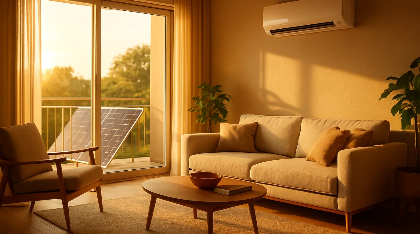 Modernes Wohnzimmer an einem heißen Sommertag mit eingeschalteter Klimaanlage, Sonnenlicht durch das Fenster, Balkonkraftwerk auf dem Balkon sichtbar