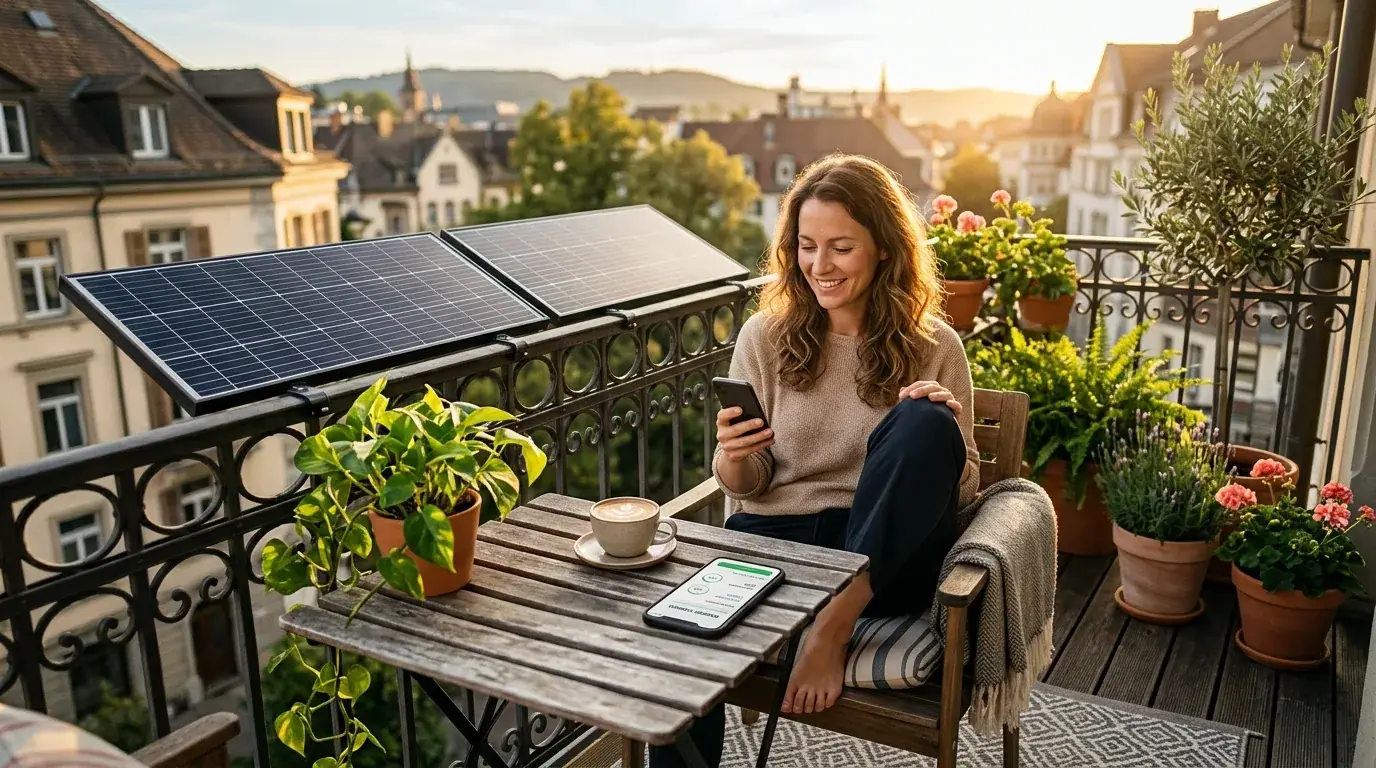Balkonkraftwerk mit zwei Solarmodulen auf einem sonnigen Südbalkon, darunter eine Kostenübersicht auf einem Tablet