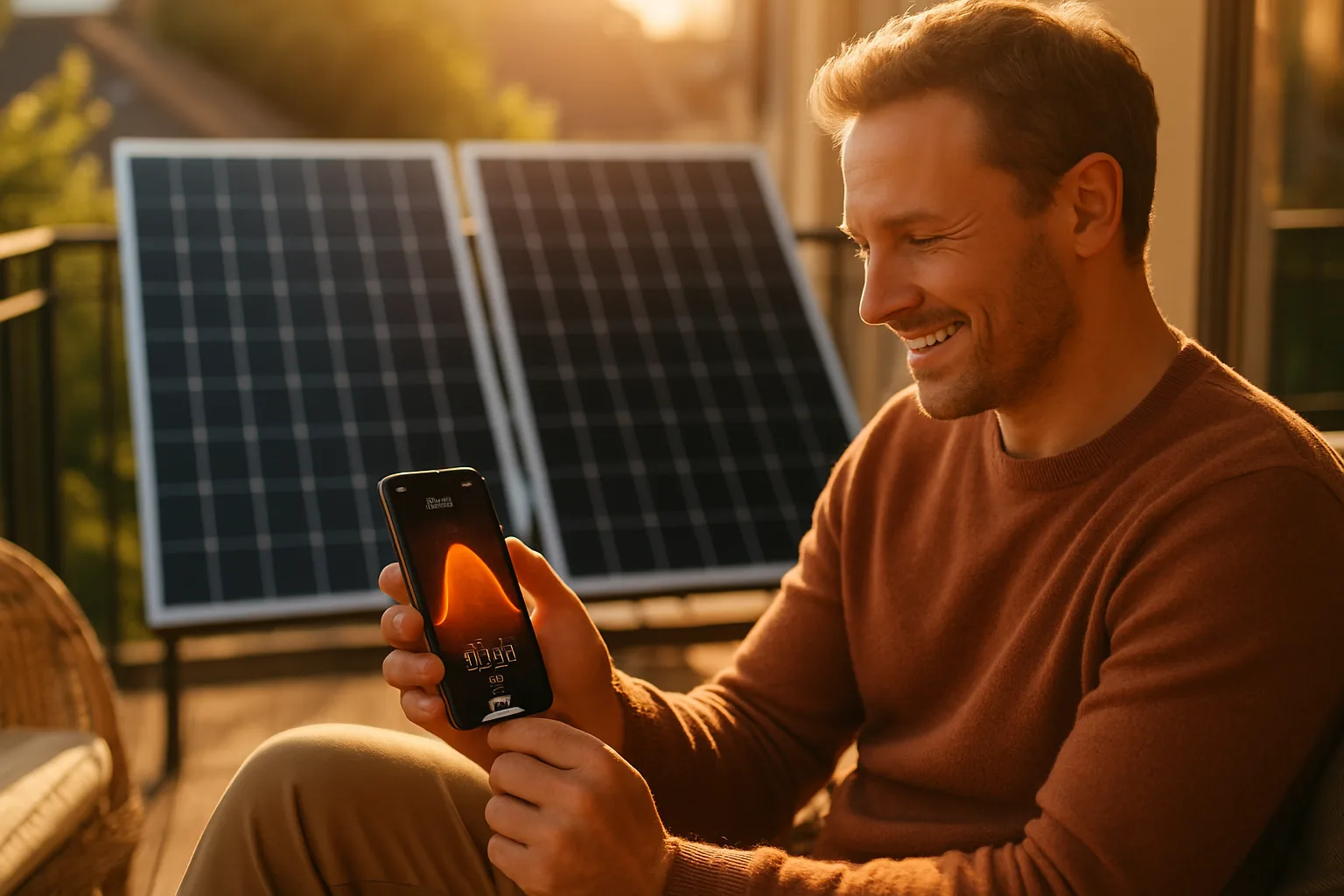 Smartphone mit Echtzeit-Ertragsgraph eines Balkonkraftwerks — Solarmodule auf Balkon im Hintergrund