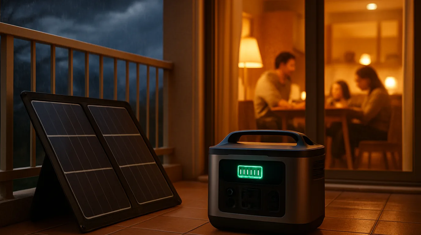 Portable Powerstation mit Solarpanel auf dem Balkon als Notstromlösung bei Netzausfall