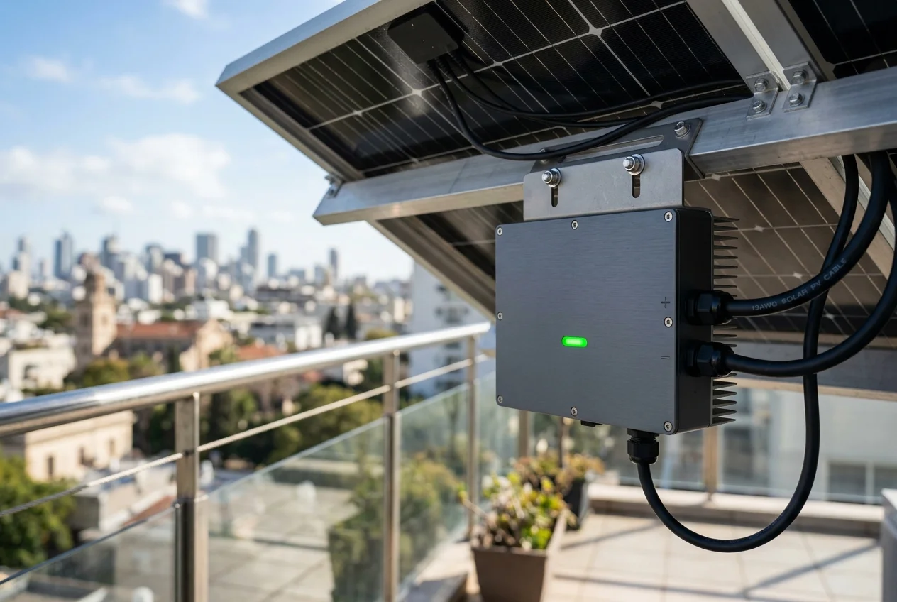 Balkonkraftwerk-Wechselrichter mit grüner Status-LED auf einem sonnigen Balkon — Bluetooth-Verbindung statt WLAN