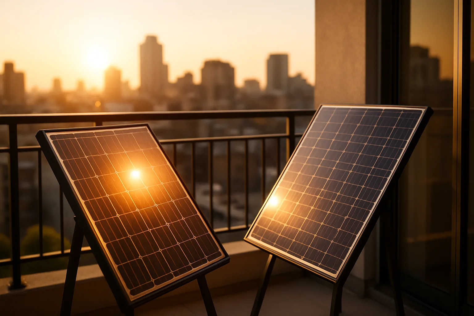 Balkonkraftwerk mit Ost-West-Ausrichtung — zwei Solarpanels auf Stadtbalkon für maximalen Tagesertrag