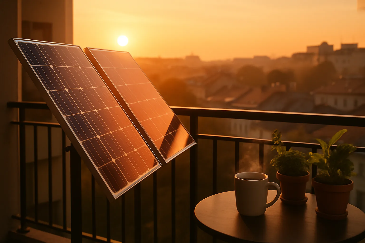 Zwei Solarmodule auf einem Ostbalkon fangen das goldene Morgenlicht beim Sonnenaufgang ein