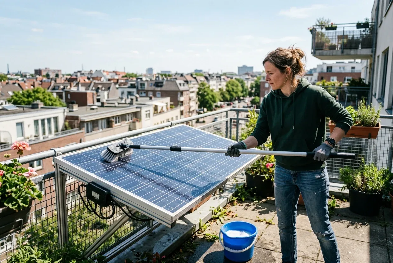 Person reinigt schonend ein Balkonkraftwerk-Solarpanel mit einem weichen Bürsten-Teleskopstiel auf einem sonnigen Stadtbalkon