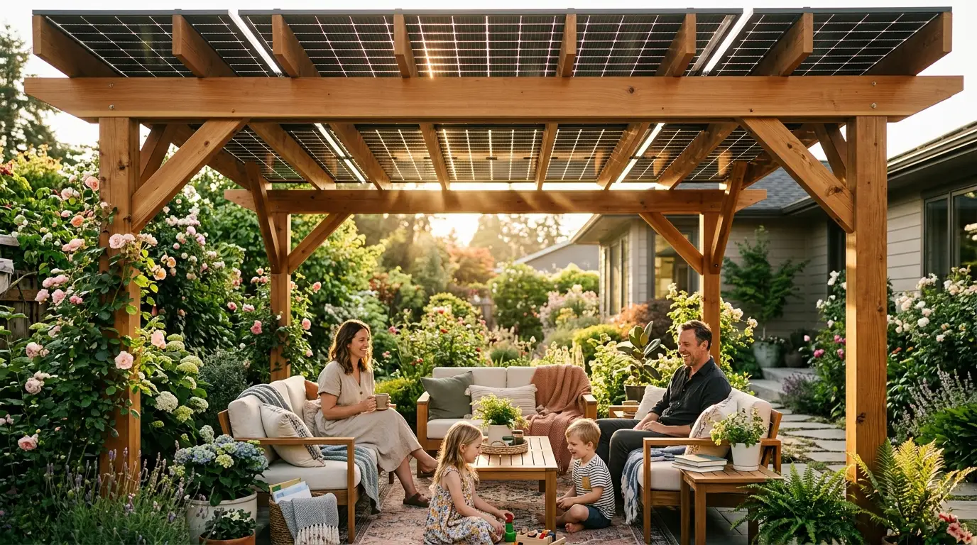 Solarmodule auf einer hölzernen Gartenpergola mit warmem Sonnenlicht über einem gepflegten Garten