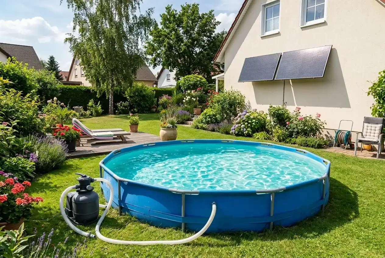 Aufstellpool mit laufender Filterpumpe in sonnigem Garten neben Balkonkraftwerk-Solarmodulen an der Hauswand