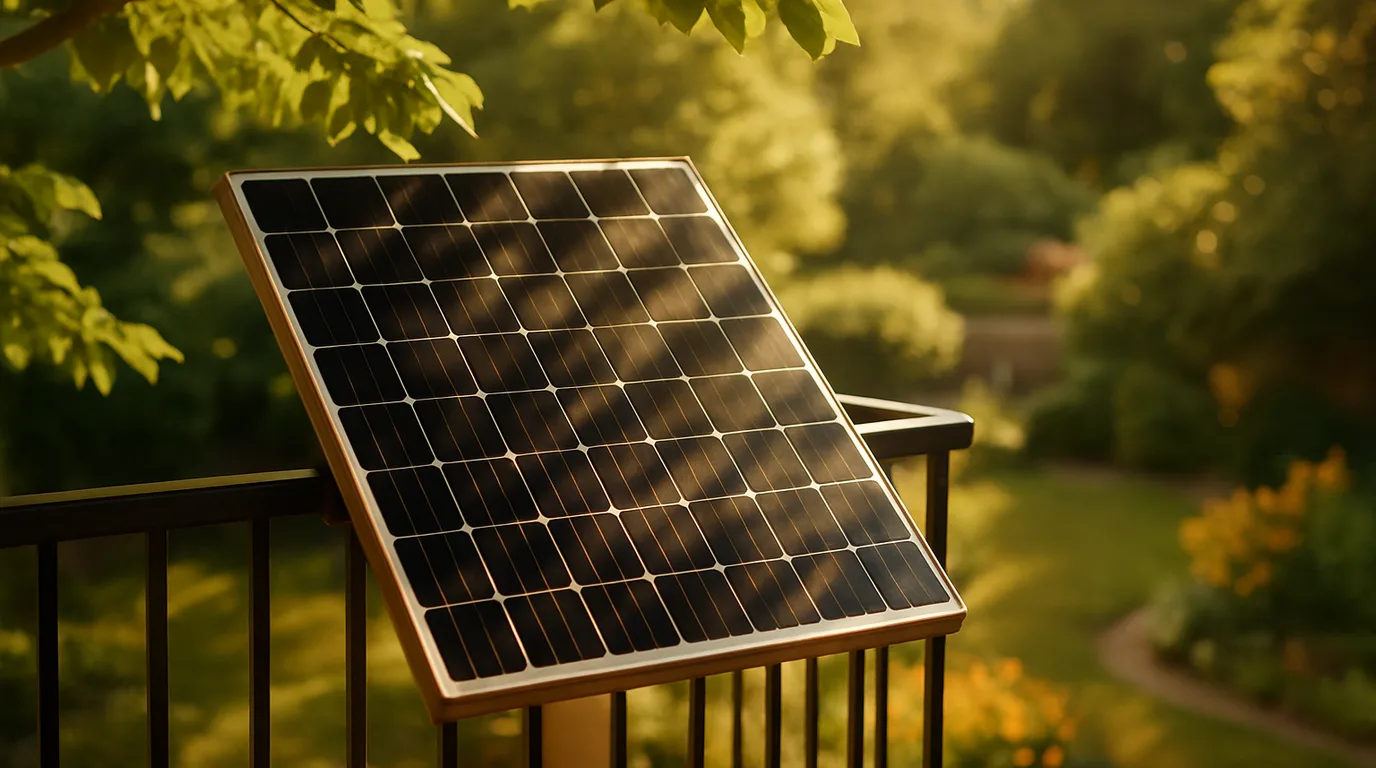 Balkonkraftwerk an einem Balkon mit teilweisem Baumschatten, Sonnenstrahlen brechen durch die Blätter auf das Solarmodul