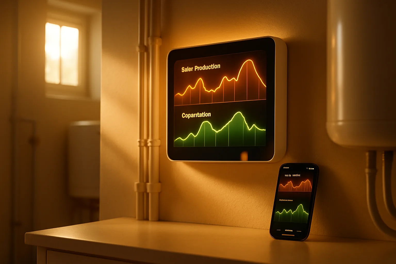 Modernes Stromzähler-Display zeigt Einspeise- und Verbrauchswerte eines Balkonkraftwerks in einem hellen Hauswirtschaftsraum