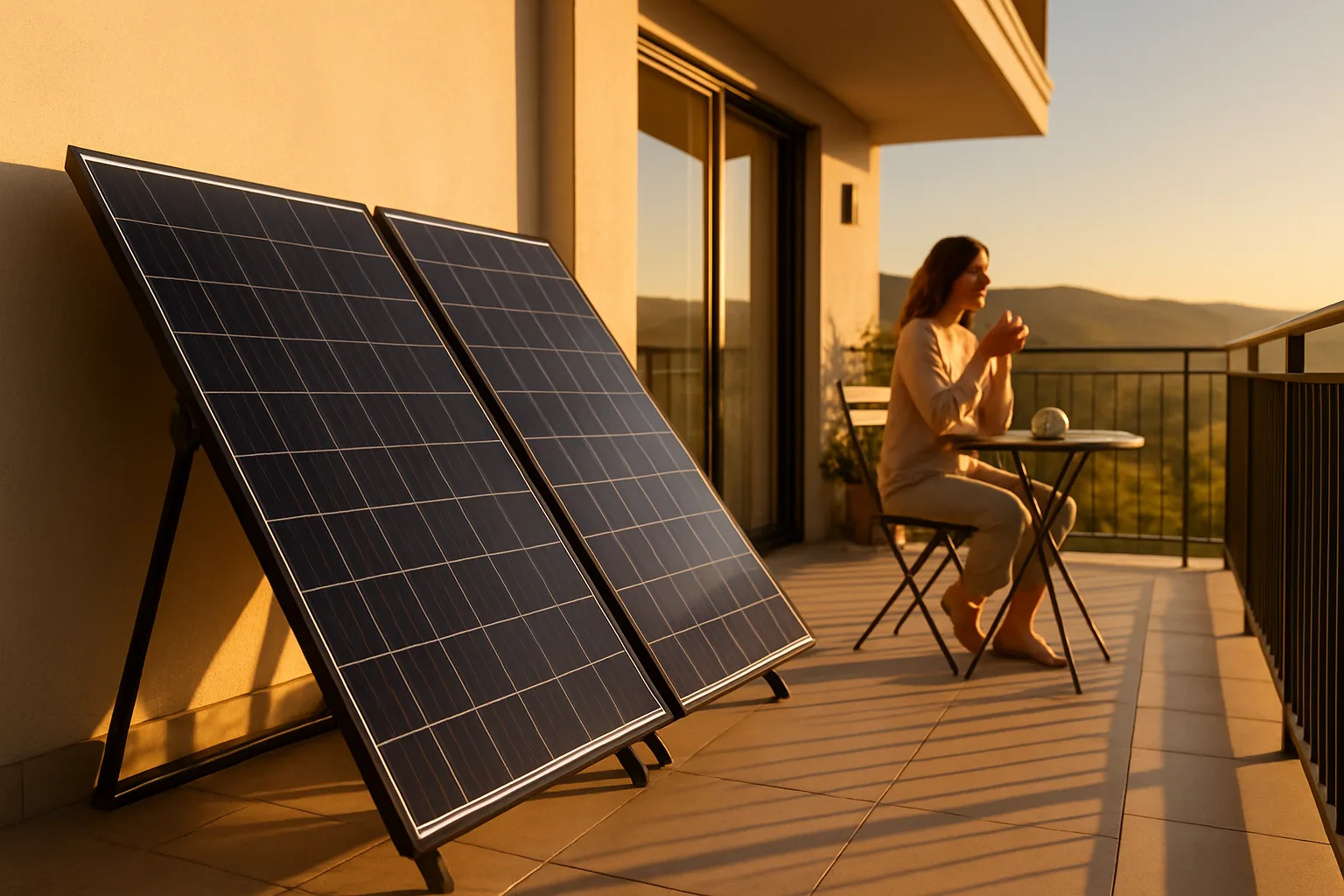 Solarmodule auf einem sonnigen Südbalkon mit klarem Himmel