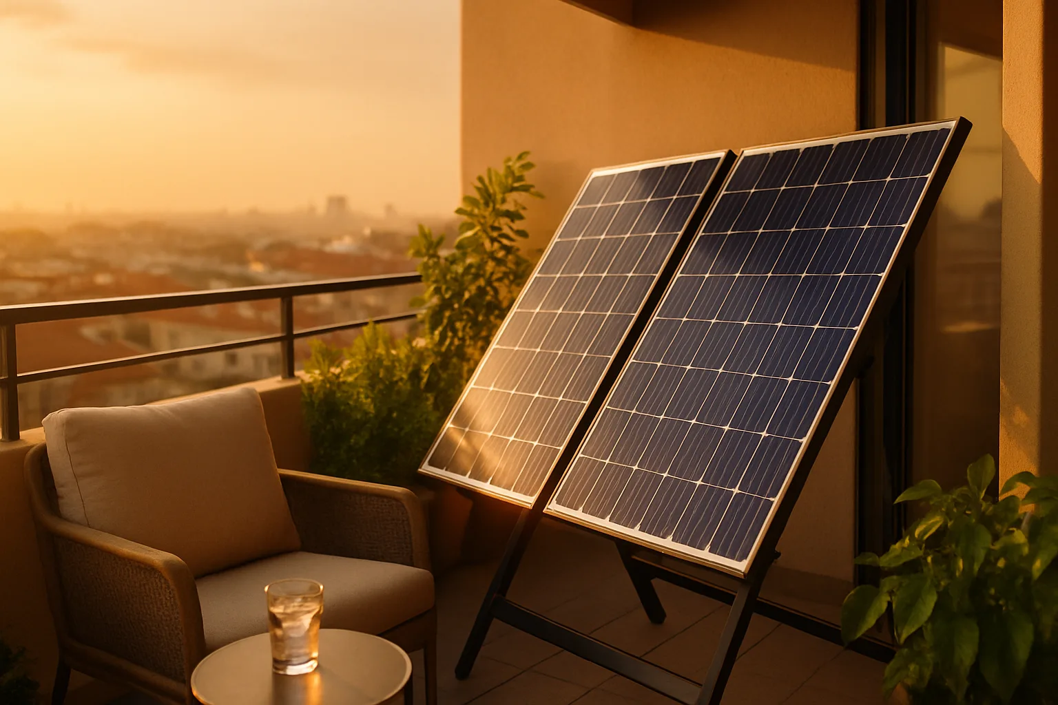 Solarmodule auf einem Südwestbalkon fangen warmes Nachmittagslicht – Balkonkraftwerk optimal ausgerichtet