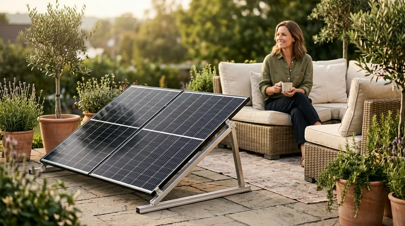 Balkonkraftwerk auf einer Terrasse – Solarmodul auf Aluminium-Aufständerung im Garten