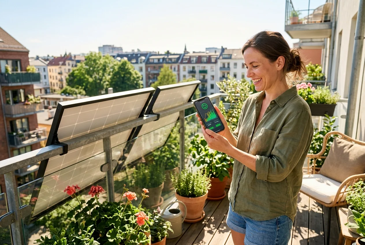 Hausbesitzer mit Smartphone zeigt Solarertrag neben Testsieger-Balkonkraftwerk auf Südbalkon im Sonnenlicht