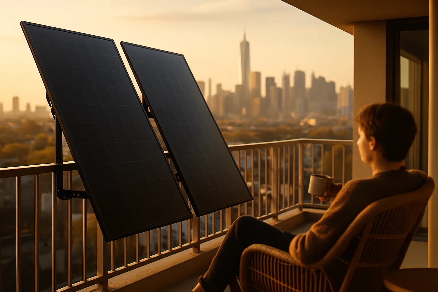 Zwei Solarmodule auf einem modernen Westbalkon im warmen Nachmittagslicht mit blauem Himmel
