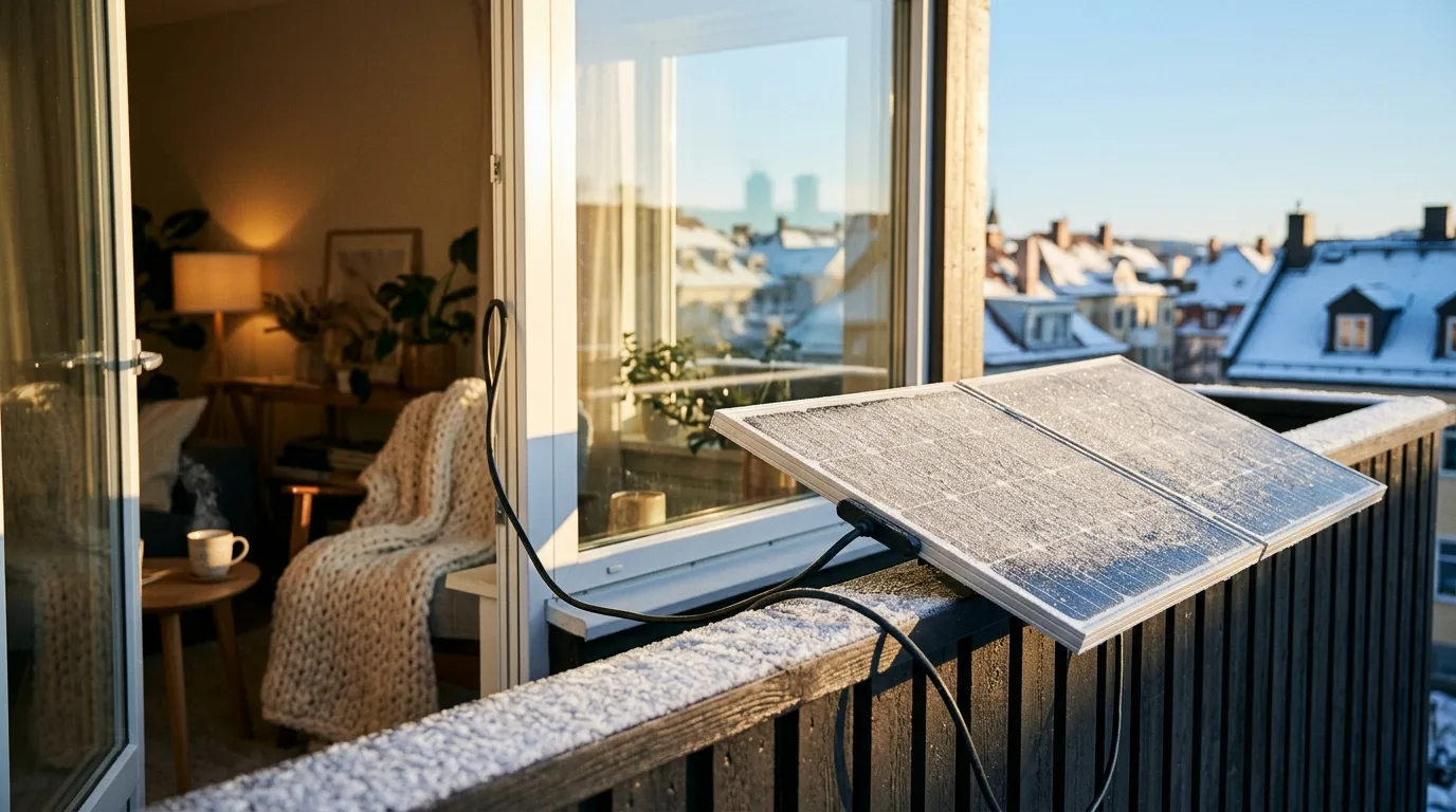 Solarmodul am Balkongeländer im Winter mit leichtem Schnee, blauer Winterhimmel