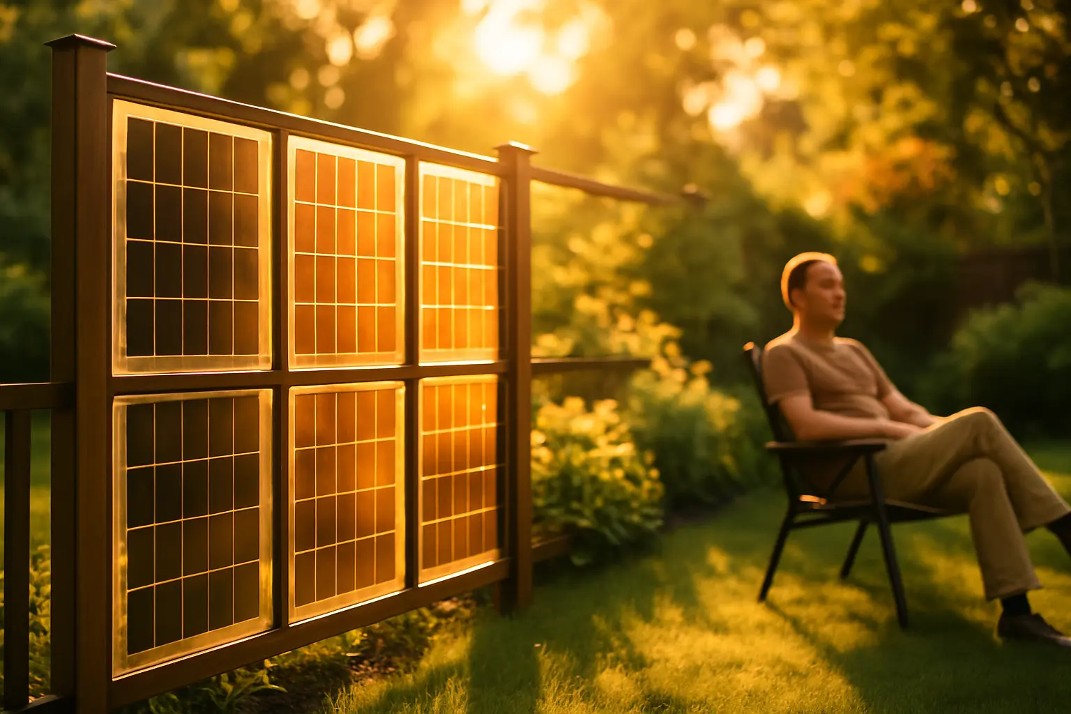 Solarmodule am Gartenzaun montiert mit goldenem Sonnenlicht und gepflegtem Garten im Hintergrund