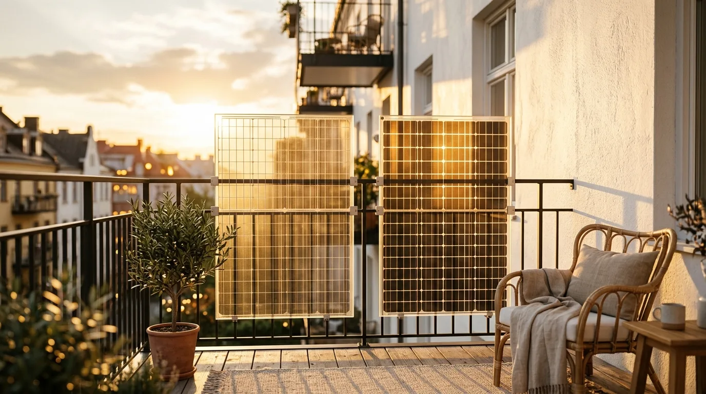 Bifaziales Solarmodul an einem Balkongeländer montiert – Rückseite sichtbar mit heller Wand dahinter