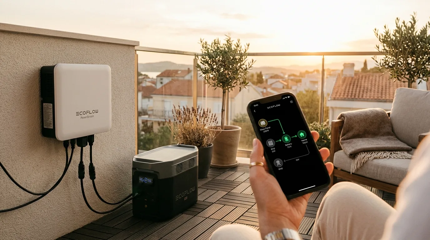 EcoFlow PowerStream 800W Mikrowechselrichter und DELTA 2 Speicher auf einem Balkon