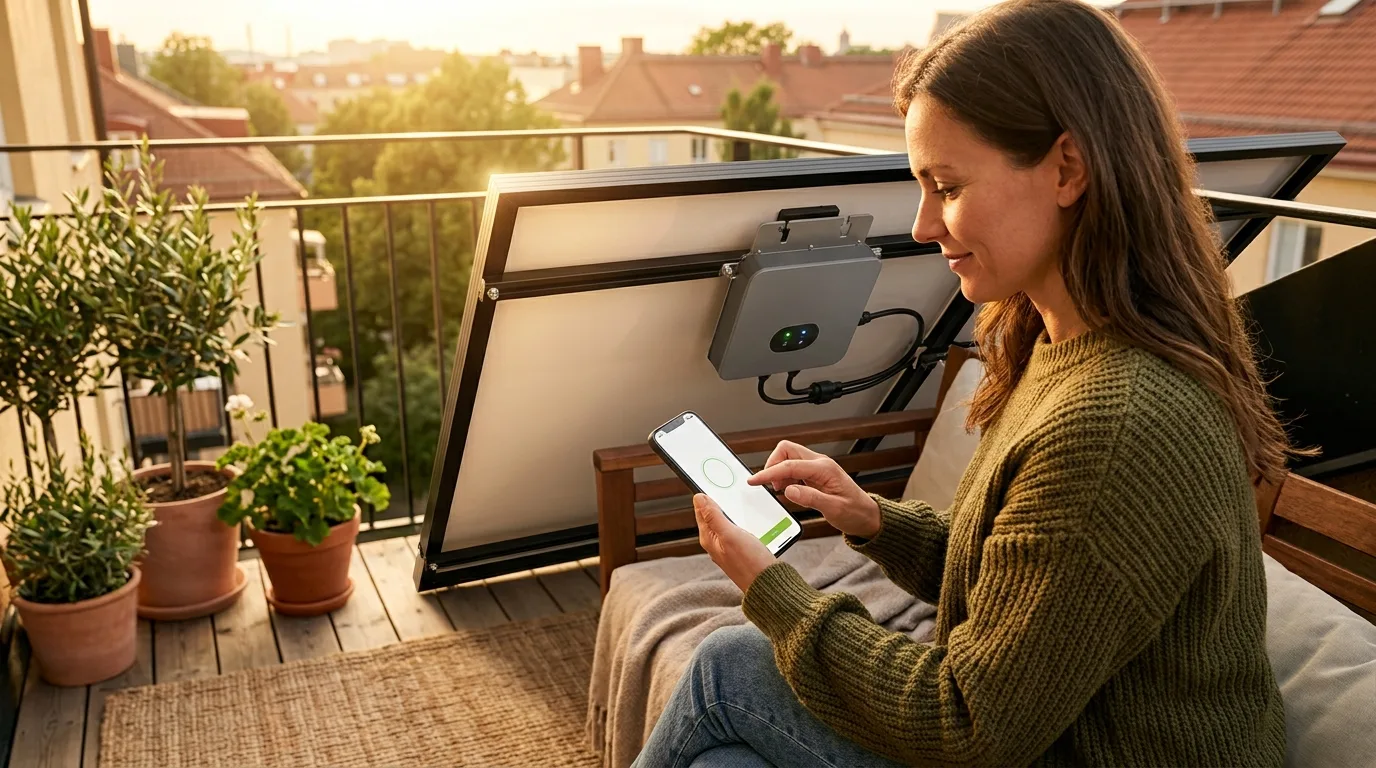 Growatt NEO Mikrowechselrichter auf einem Solarmodul mit WLAN- und Bluetooth-Konfiguration per Smartphone