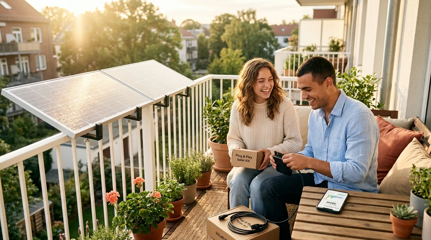 Mini-Photovoltaik-Anlage mit zwei Solarmodulen auf einem Balkongeländer im Sonnenlicht