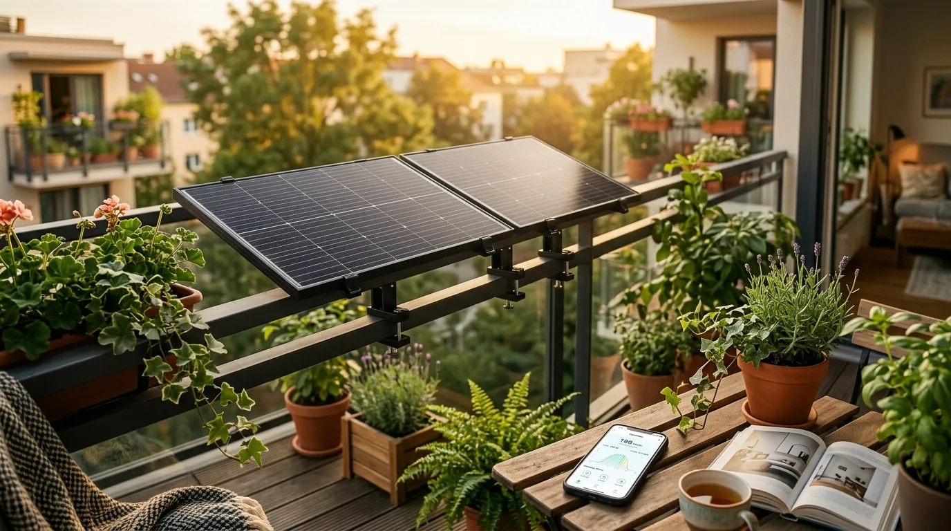 Priwatt Balkonkraftwerk priFlat Duo mit zwei Solarmodulen am Balkongeländer