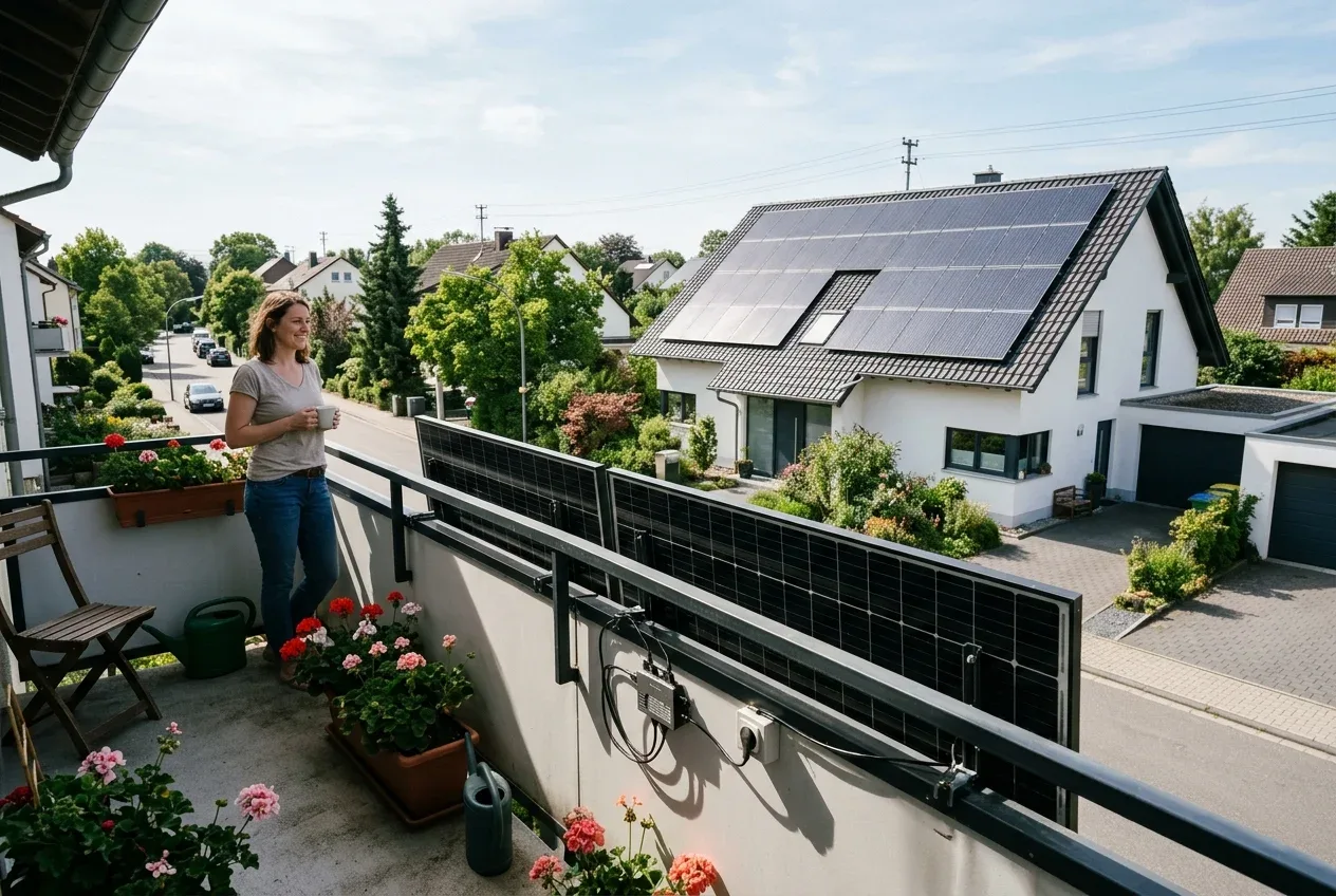 Balkonkraftwerk auf dem Balkon im Vordergrund, großes Einfamilienhaus mit Dach-PV im Hintergrund — direkter Vergleich