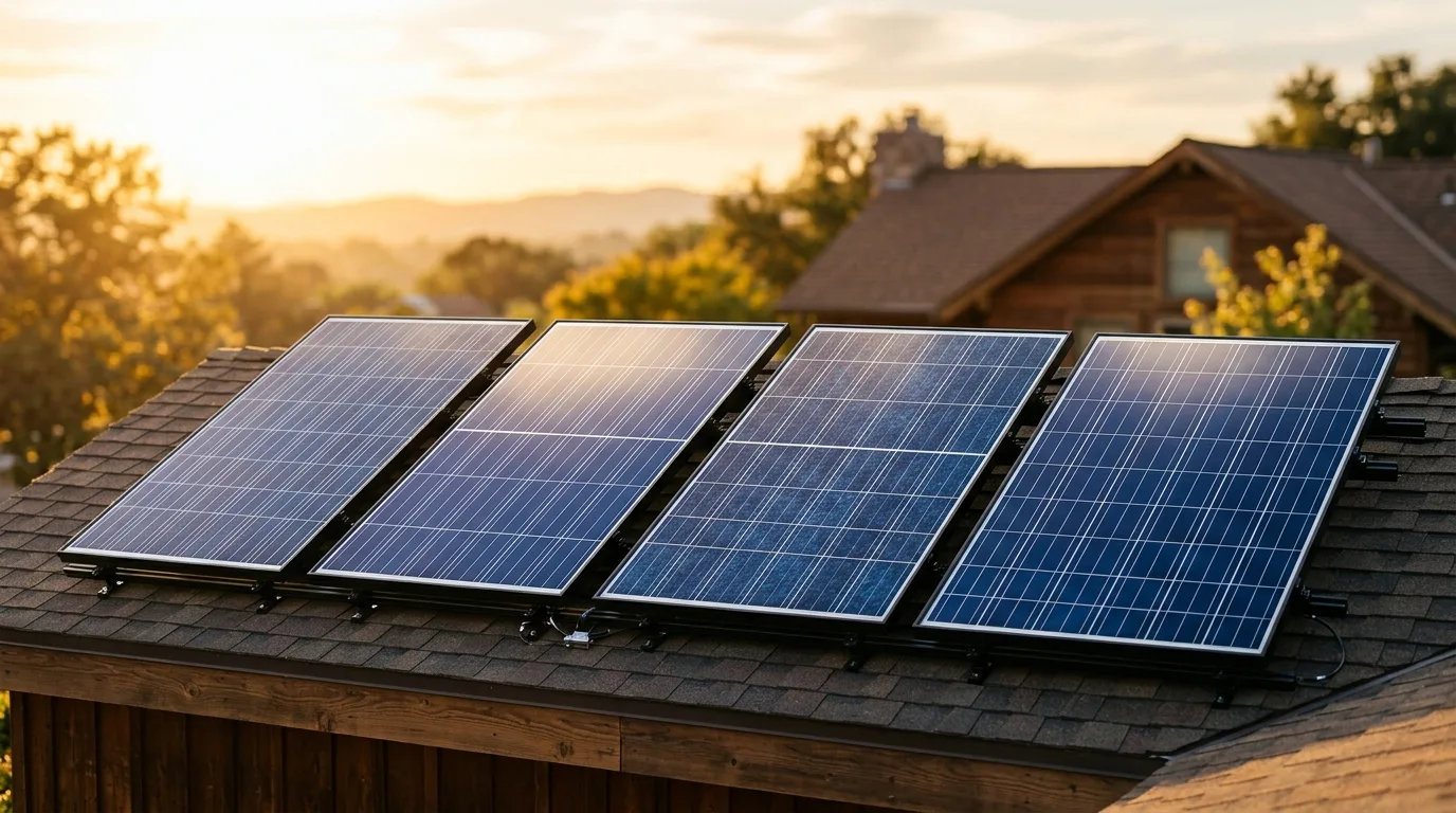 Vier 400-Watt-Solarmodule im Vergleich auf einem sonnigen Flachdach