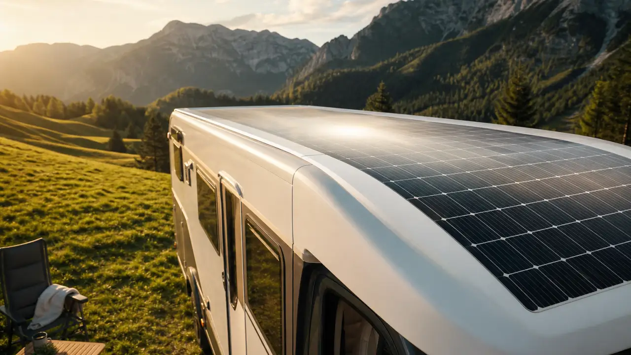 Flexible Solarmodule auf dem geschwungenen Dach eines Wohnmobils bei Sonnenschein auf einem Campingplatz